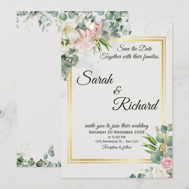 Blush Greenery Gold Frame Wedding Invitation Inbjudningar (Fram/baksida)
