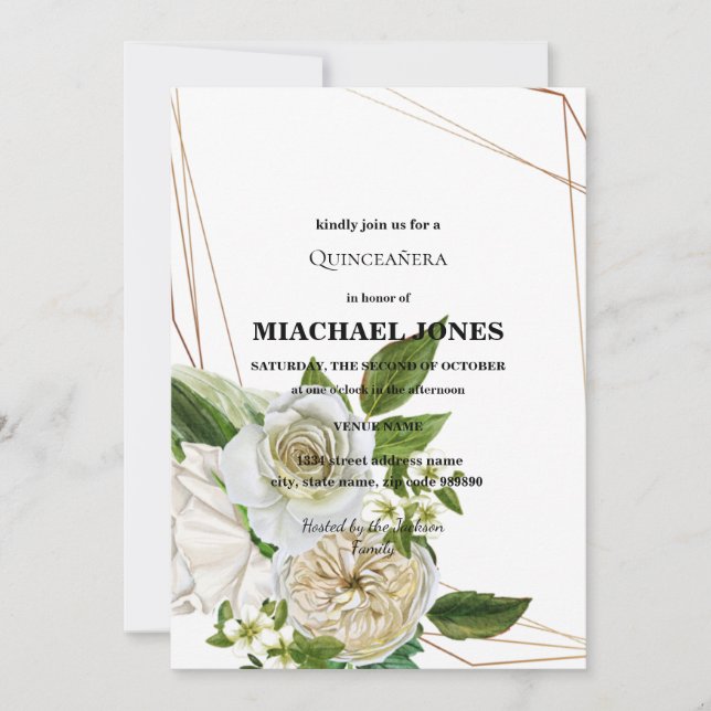 Blush Guld Blommig Geometrisk Quinceanera Inbjudan (Framsida)