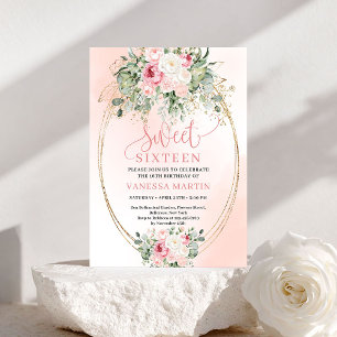 Blush Guld Blommig Sweet 16 Födelsedagsfest Inbjud Inbjudningar