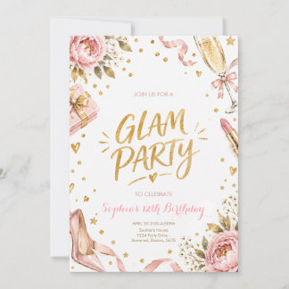 Blush Guld Glamourös Blommig Födelsedagsfest Inbjudningar