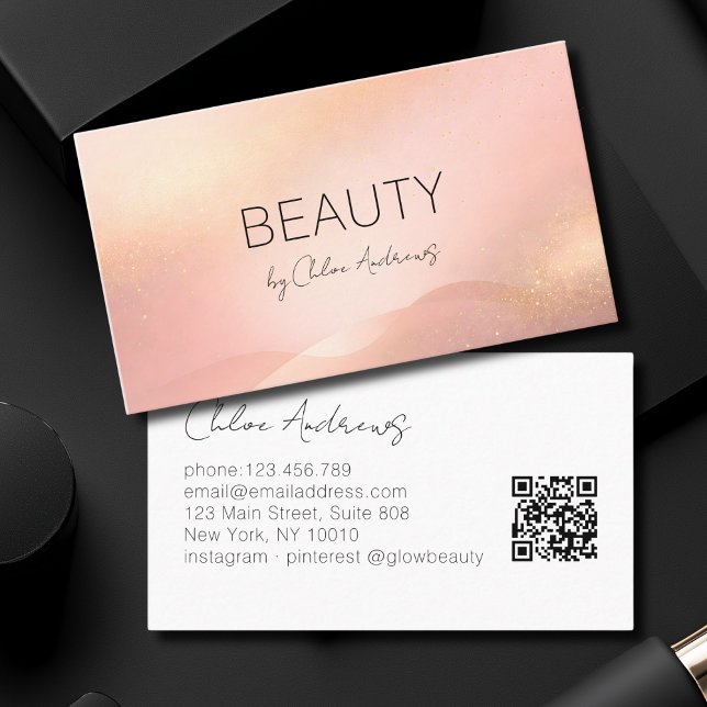 Blush Guld Glans Gradient Salong QR-kod Visitkort (Blush Gold Glow Gradient Salon QR Code Business Card)