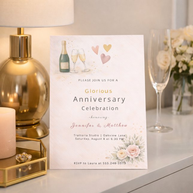 Blush Guld Hjärtans Jubileumsinbjudan Inbjudningar (Blush and gold heart design with champagne detail for a romantic anniversary evening)