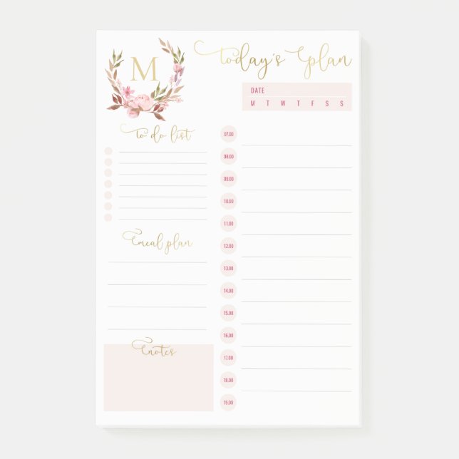 Blush & Guld Monogram Daglig Planerare Att Göra-Li Post-it Block (Framsida)