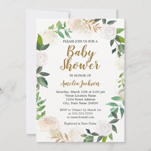 Blush Guld Vattenfärg Krans Baby Shower Inbjudningar (Framsida)