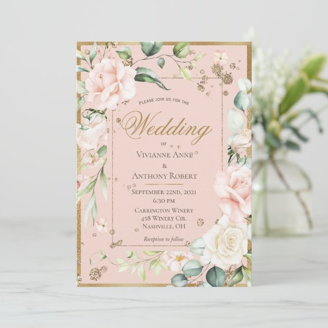 Blush Guld Vattenfärg Romantisk Blommig Bröllopsin Inbjudningar (Stående Fram)