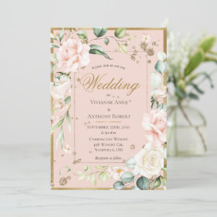 Blush Guld Vattenfärg Romantisk Blommig Bröllopsin Inbjudningar