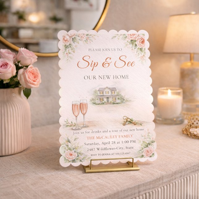 Blush Hem Inbjudan till sammankomst (Blush floral home gathering with champagne toast, soft greenery, and new home tour details)