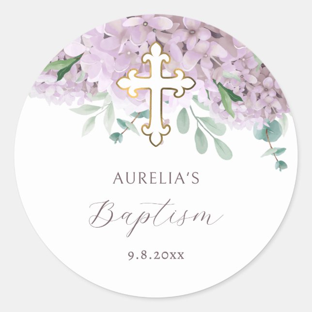 Blush Hydrangea Baptism Sticker Runt Klistermärke (Framsida)