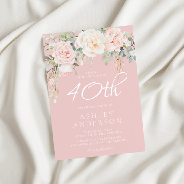 Blush & Ivory Blommor Kvinnas 40-års Födelsedagsfe Inbjudningar (Skapare uppladdad)