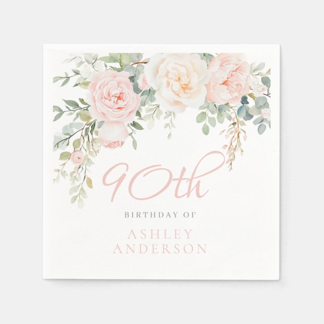 Blush & Ivory Eleganta Blommor 90-årsfirande Pappersservett (Framsidan)