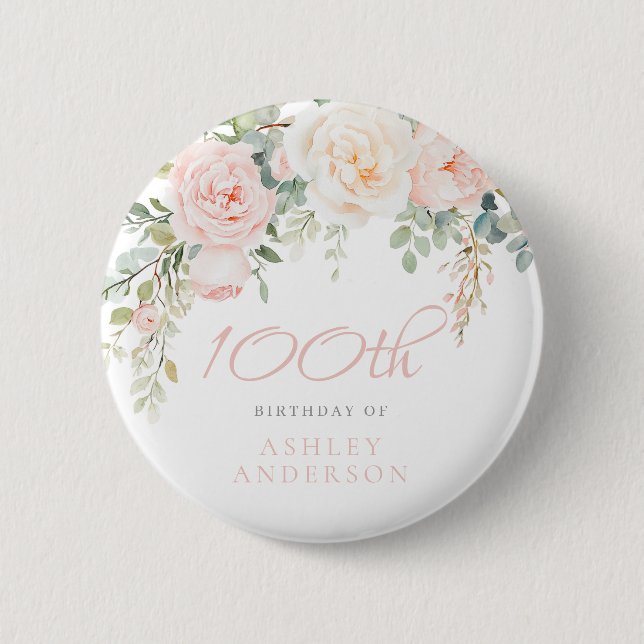 Blush & Ivory Floral 100th Birthday Party Knapp (Framsida)