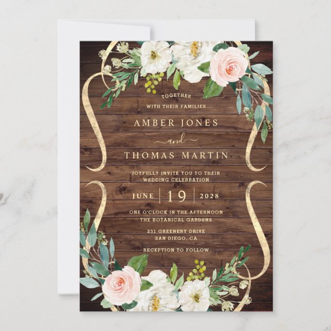 Blush Ivory Floral Pretty Rustic Wood Wedding Inbjudningar (Framsida)