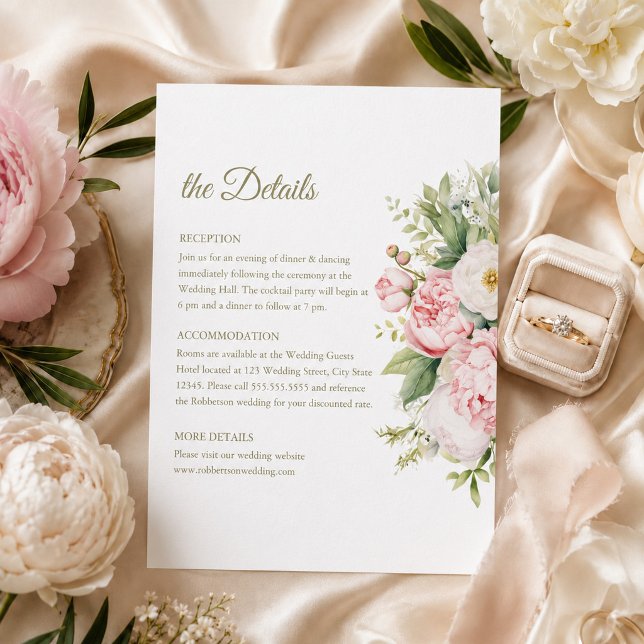 Blush & Ivory Peony Bröllopsdetaljkort Inbjudningar (Blush & Ivory Peony Wedding Details Card)