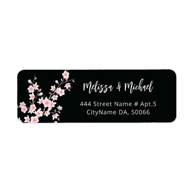  Blush Körsbärsblommor Svart |  Brölloletikett Returadress Etikett (Framsidan)