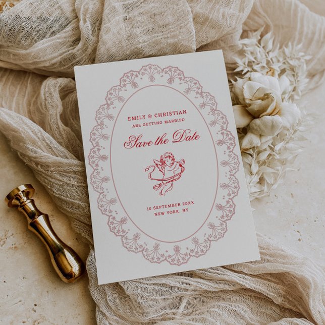 Blush Lace Frame Vintage Cherub Wedding Spara Datumet (Skapare uppladdad)