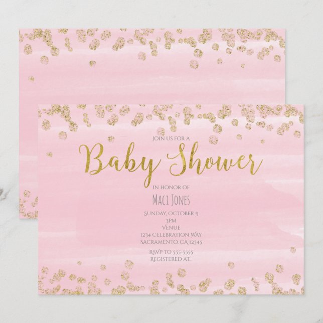 Blush Ljusa Rosa & Guld Bebis Shower Inbjudningar (Fram/baksida)