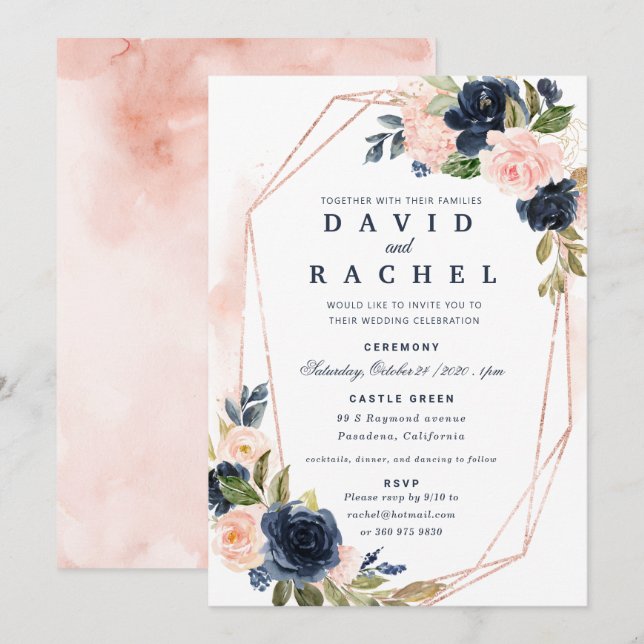 Blush Marin Blommig Bröllopsinbjudan Inbjudningar (Fram/baksida)