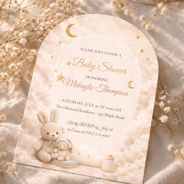 Blush Moon Bunny Invitation Inbjudningar (Blush cloud arch with golden moon and bunny detail for a soft, dreamy baby shower setting)