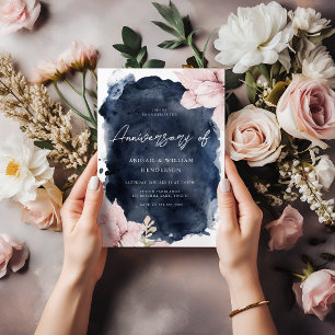 Blush Navy Akvarell Alla Års Bröllopsdag Jubileum Inbjudningar