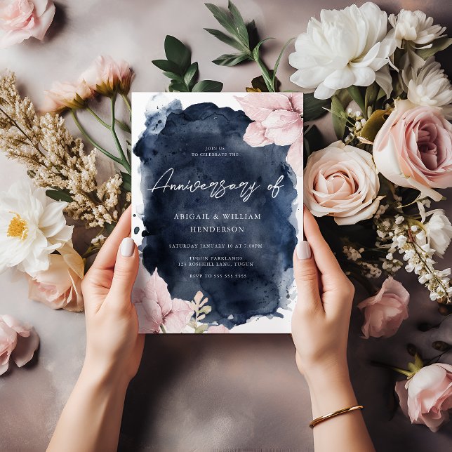 Blush Navy Akvarell Alla Års Bröllopsdag Jubileum Inbjudningar (Skapare uppladdad)