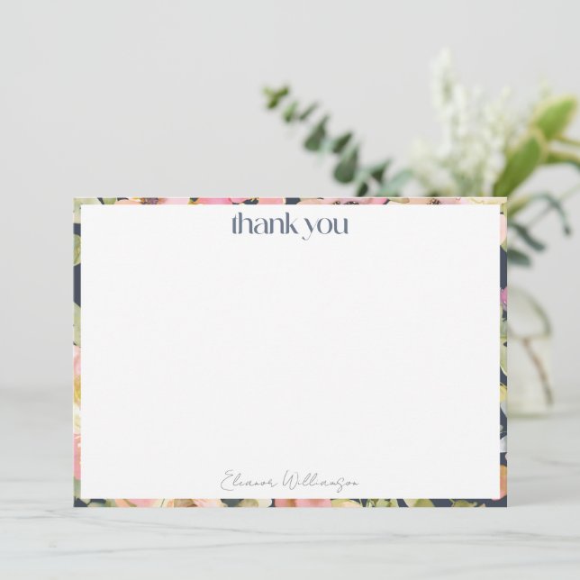 Blush Navy Akvarell Blommig Skräddarsydd Bröllopsf Tack Kort (Stående Fram)