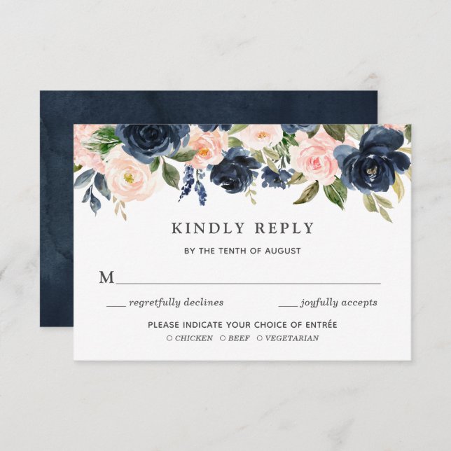 Blush & Navy Blommig Bröllopsinbjudan RSVP-kort Inbjudningar (Fram/baksida)