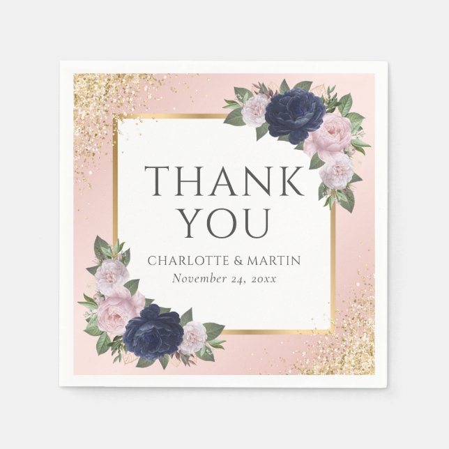 Blush Navy Blue Gold Floral Wedding Pappersservett (Framsidan)