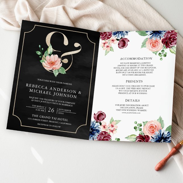 Blush Navy Burgundy Blommig Svart QR-kod Bröllop Inbjudan (Skapare uppladdad)