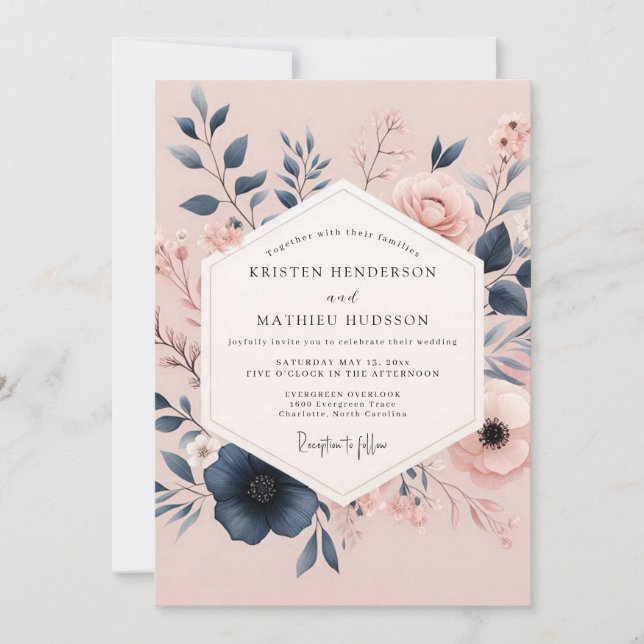 Blush & Navy Poetic Bloom Wedding Inbjudningar (Framsida)