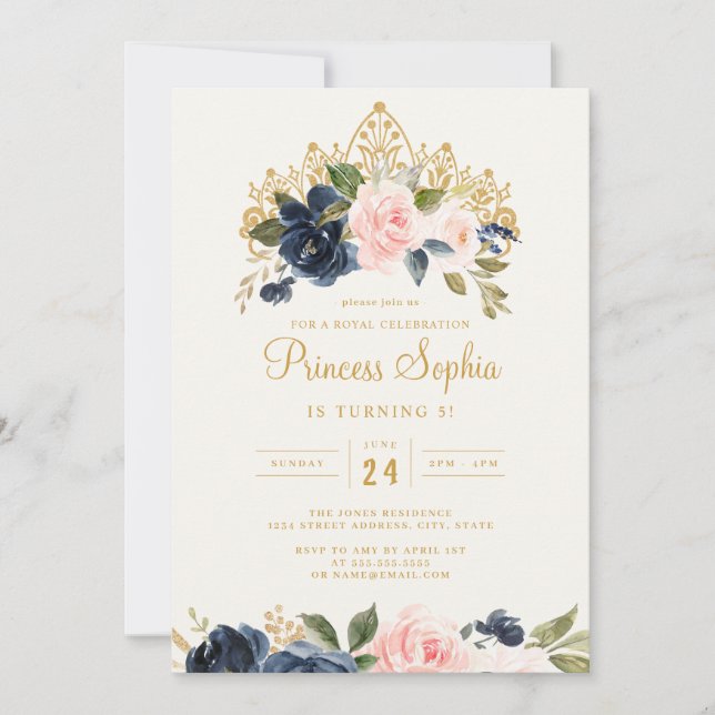 Blush Navy Prinsessa Blommig Tiara Födelsedag Inbjudningar (Framsida)