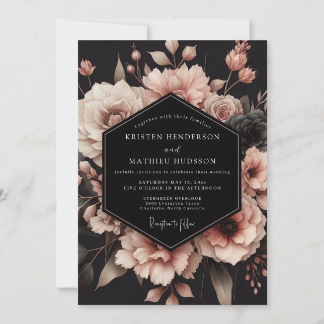 Blush Noir Bloom Wedding Inbjudningar (Framsida)