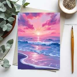 Blush Ocean Sunset Waves Watercolor Vykort