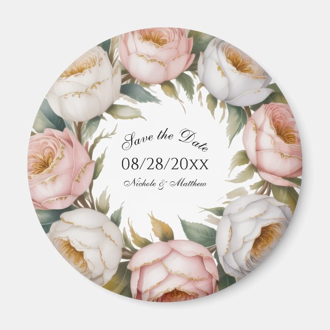 Blush och Elfenbensrosa Blomsterlig Spara Datum Magnet (Framsidan)