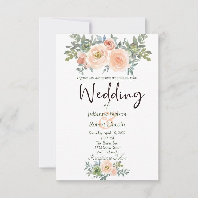 Blush och grön akvarell blomsterbröllopsinbjudan inbjudningar (Framsida)