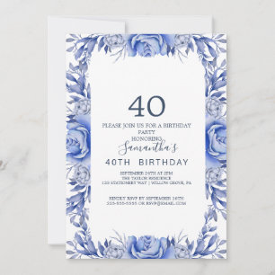 Blush och Navy Blå Blommor Krans 40-årsdag Inbjudningar