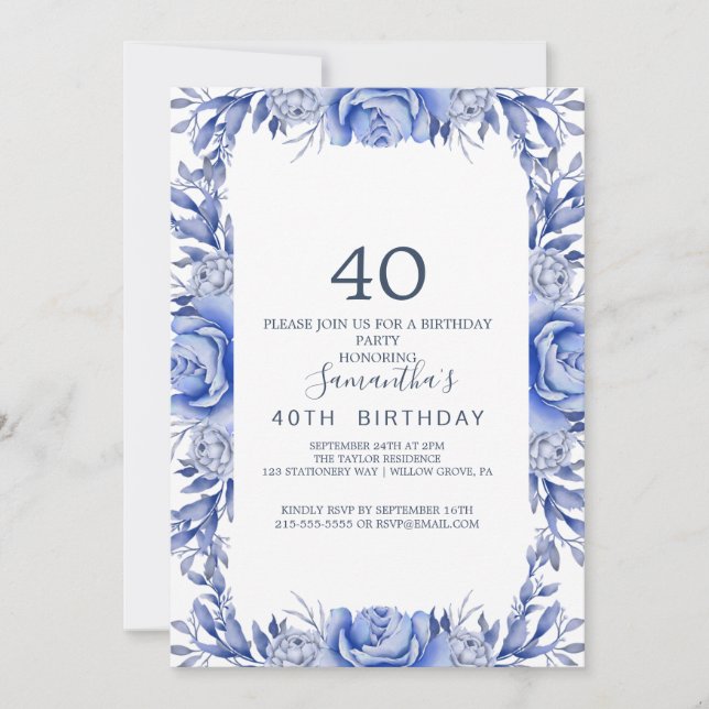 Blush och Navy Blå Blommor Krans 40-årsdag  Inbjudningar (Framsida)