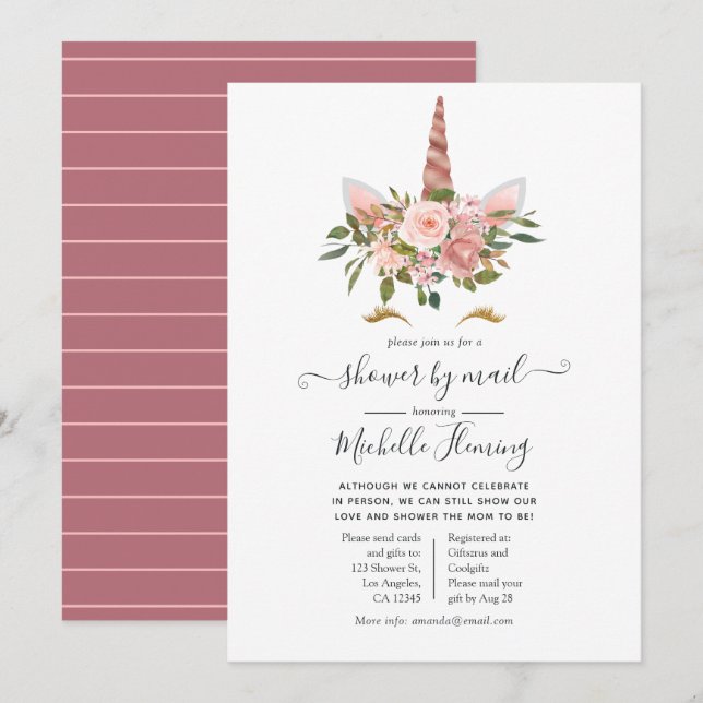 Blush och Rose Gold Enhörnings Babyshower via Post Inbjudningar (Fram/baksida)