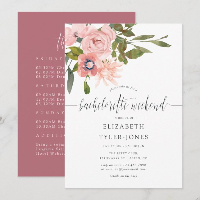 Blush och Rose Gold Möhippa Weekend Itinerary Inbjudningar (Fram/baksida)