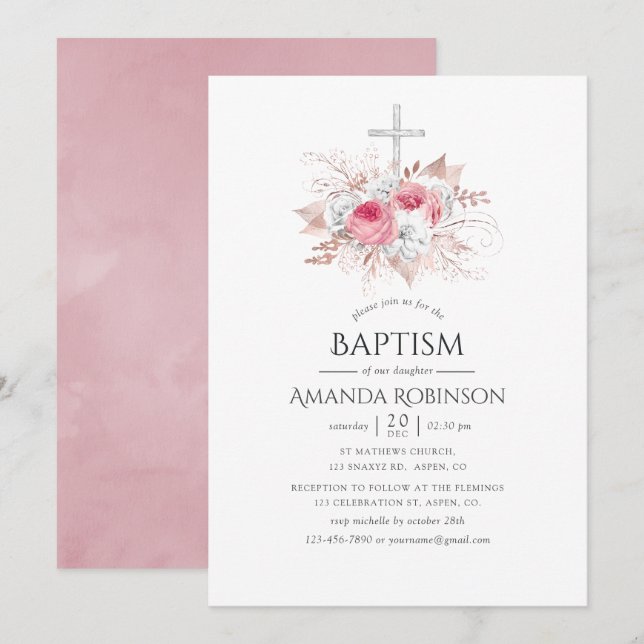 Blush och Rose Guld Blommig Dop eller Dopceremoni Inbjudningar (Fram/baksida)