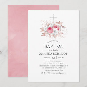 Blush och Rose Guld Blommig Dop eller Dopceremoni Inbjudningar