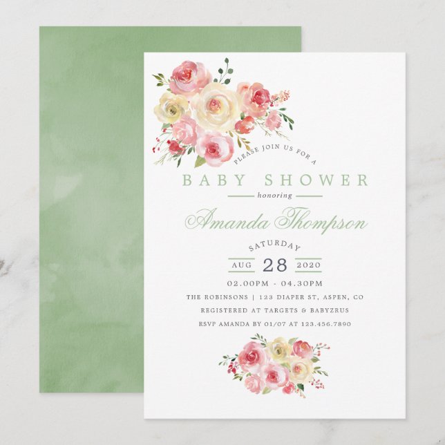 Blush och Sage Akvarell Blommig Bebis Shower Inbjudningar (Fram/baksida)