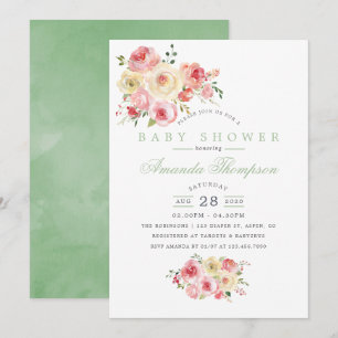 Blush och Sage Akvarell Blommig Bebis Shower Inbjudningar