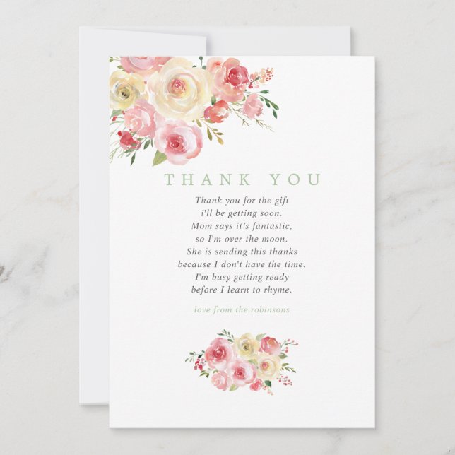 Blush och Sage Blommig Baby Shower Tacksamhet Tack Kort (Framsida)