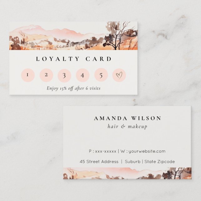 Blush Orange Watercolor Mountain Loyality Card Visitkort (Fram/baksida)