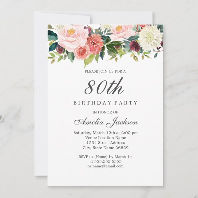 Blush Peach Botanisk Blommig 80-årsdag Inbjudningar (Framsida)