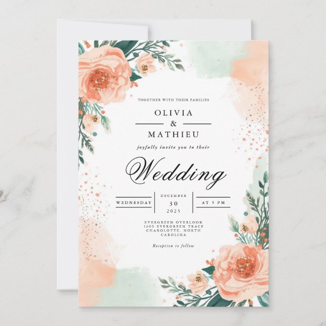 Blush Peach Floral Elegance Wedding Inbjudningar (Framsida)