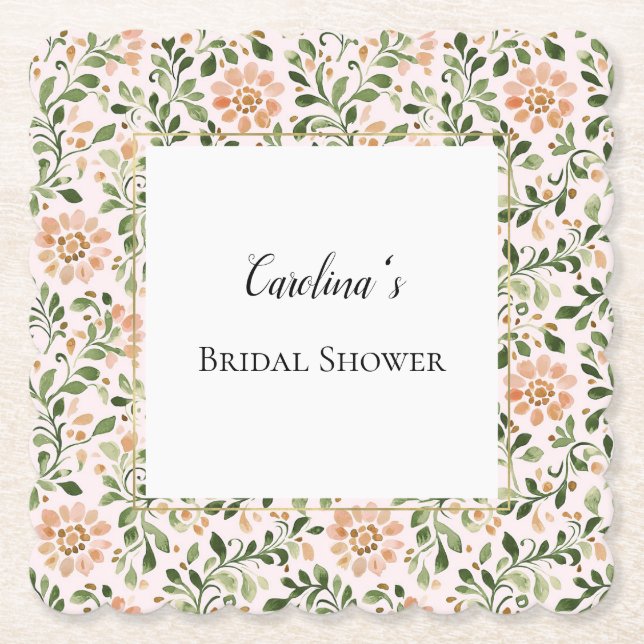 Blush Peach Flowers Green Leaves Bridal Shower   Underlägg Papper (Framsida)