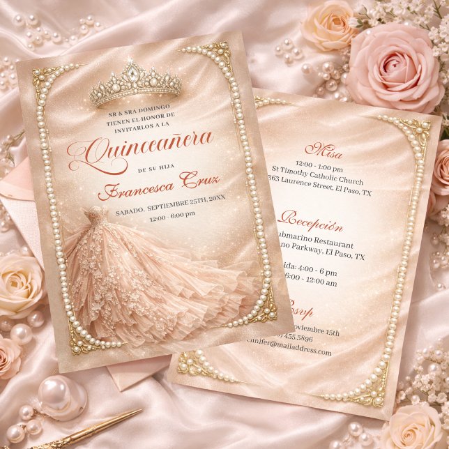 Blush & Pearl Royal Tiara Spansk quinceanera Inbjudningar (Skapare uppladdad)