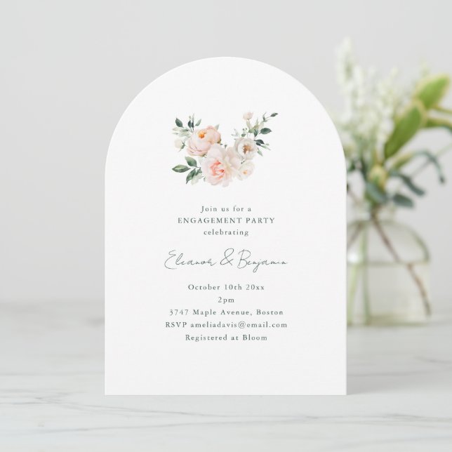 Blush Peony Floral Arch Minimal Engagement Party Inbjudningar (Stående Fram)