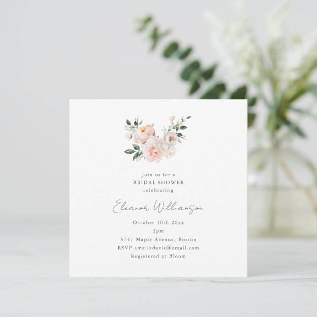 Blush Peony Floral Square Minimalist Bridal Shower Inbjudningar (Stående Fram)